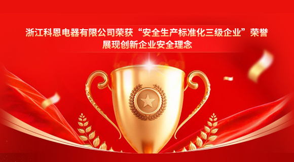 浙江科恩電器有限公司榮獲“安全生產(chǎn)標(biāo)準(zhǔn)化三級(jí)企業(yè)”榮譽(yù)，展現(xiàn)創(chuàng)新企業(yè)安全理念！